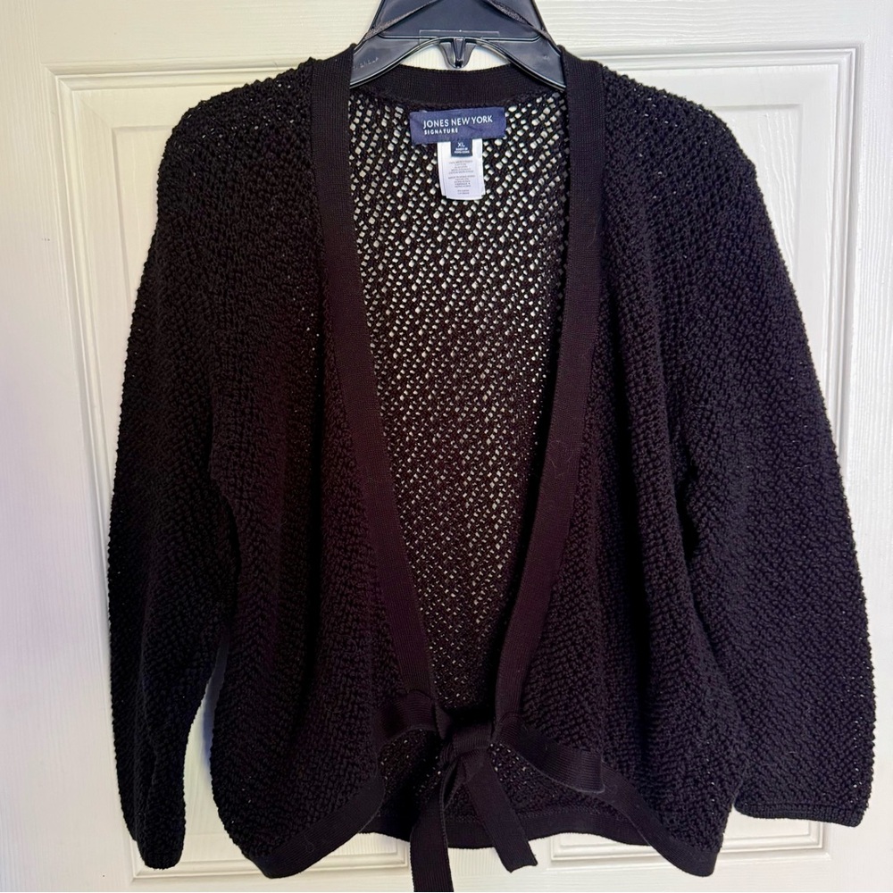 Jones New York Signature Black Open Knit Cardigan with Tie Front – Size Large